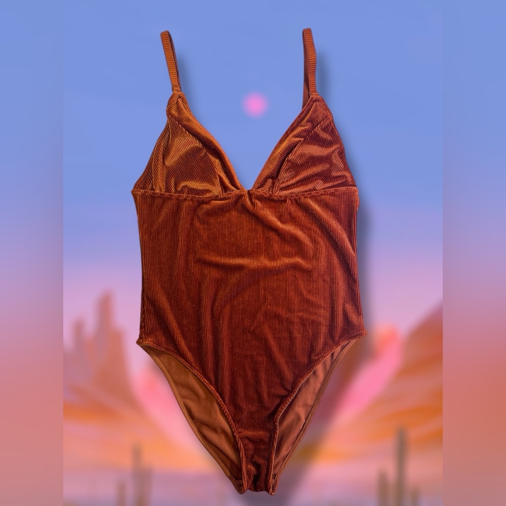 URBAN OUTFITTERS Ribbed Velvet Bodysuit in Burnt Orange